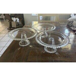 Set Of 3 Beaded Glass Footed Cake Stand Serving Platter Dessert Plate